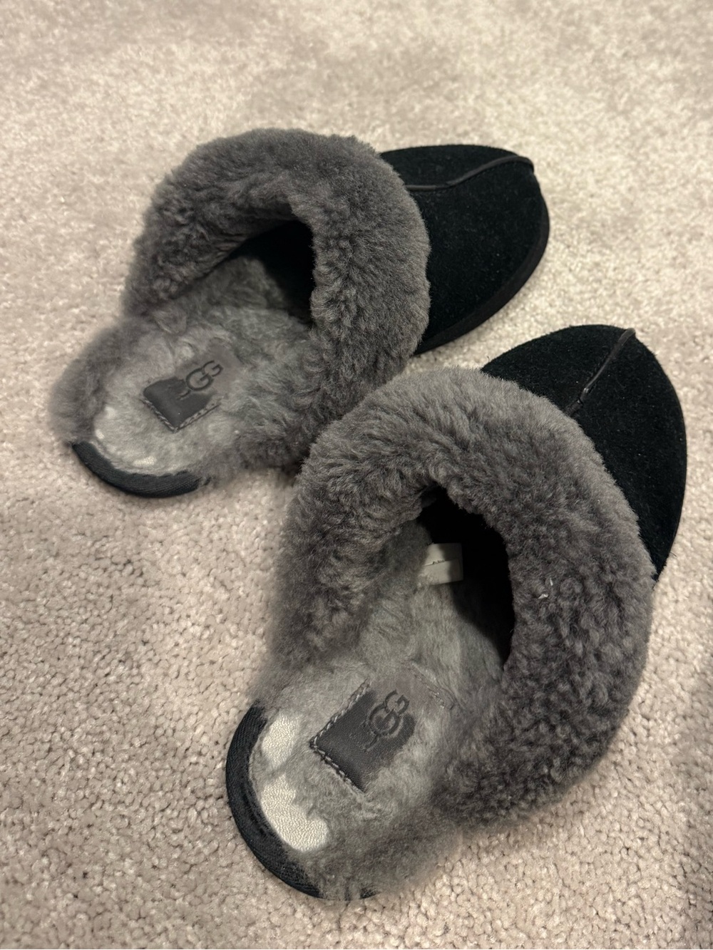 UGG Black Suede Slip-On Slippers with Gray Shearling Cuff